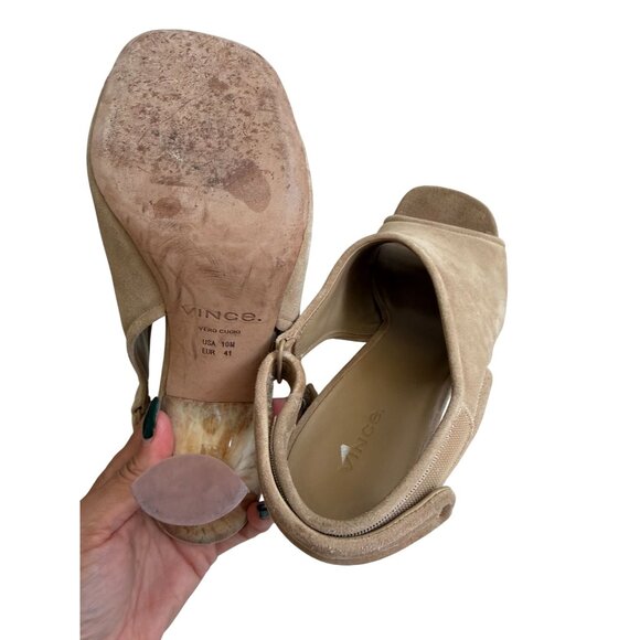 VINCE Tan Suede Marbled Horn Heel Slingback Sandals Size 41 / US 10 - Picture 5 of 9